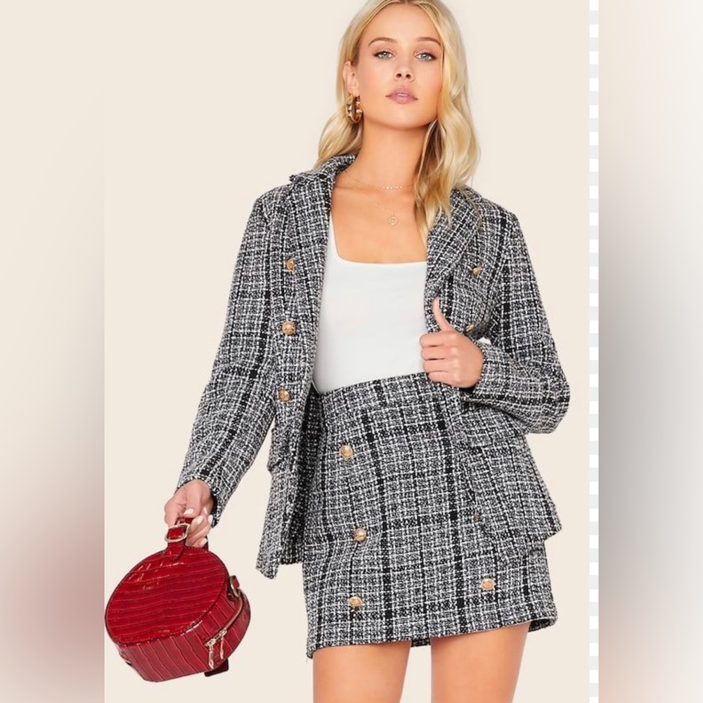 Double Breasted Notched Collar Tweed Blazer & Skirt Set